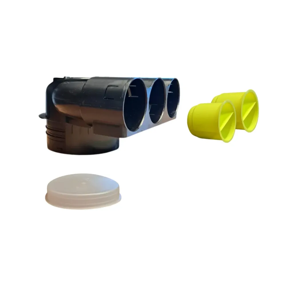 [00.VAH363KS] Ventielaansluitstuk 90º 3xØ63mm, L aansluitstuk = 50mm incl. stop